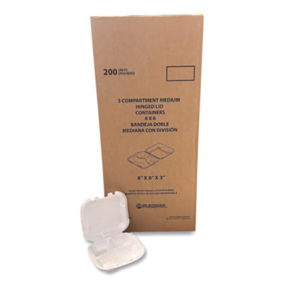 Foam Hinged Lid Containers, 3-Compartment, 8.56 x 8 x 2.76,