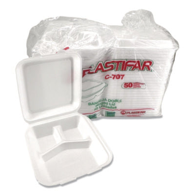 Foam Hinged Lid Containers, 3-Compartment, 7.56 x 8.25 x 2.3