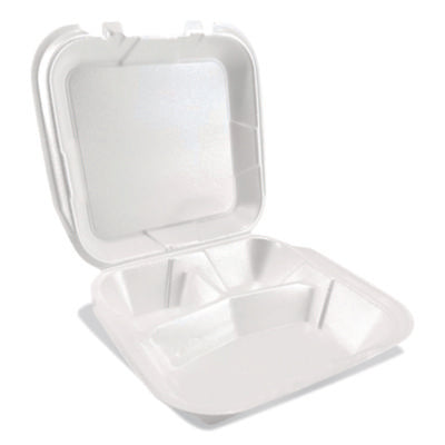 Foam Hinged Lid Containers, 3-Compartment, 9 x 9 x 3, White,