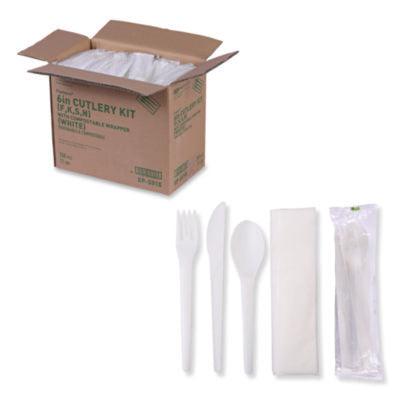 Plantware Compostable Cutlery Kit, Fork/Knife/Napkin/Spoon, 