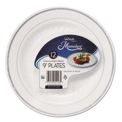 Masterpiece Plastic Dinnerware, 9" Dia, White/silver, 10/pac