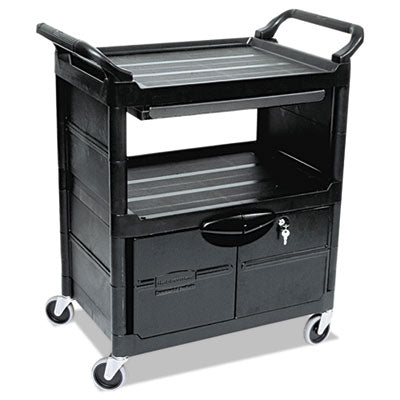 Utility Cart with Locking Doors, Plastic, 3 Shelves, 200 lb