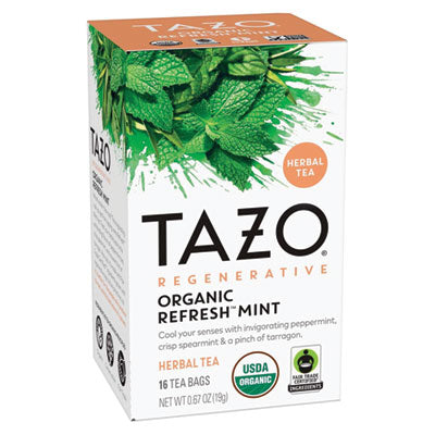 Tea Bags, Organic Refresh Mint, 16/Box, 6 Boxes/Carton